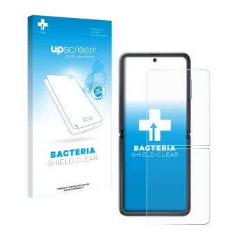Face avant d’un emballage produit avec le logo de la marque upscreen. À côté, l’appareil Samsung Galaxy Z Flip 5G est représen