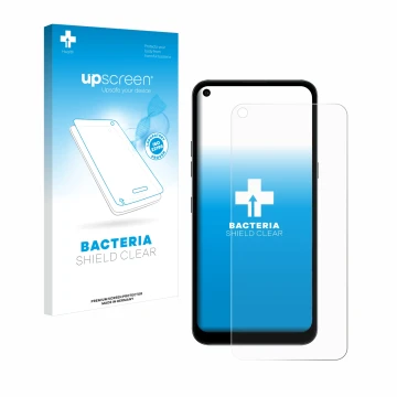 Face avant d’un emballage produit avec le logo de la marque upscreen. À côté, l’appareil LG K61S est représenté avec la protec