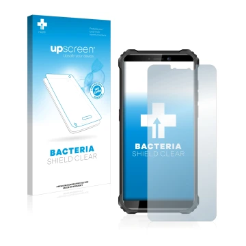 Face avant d’un emballage produit avec le logo de la marque upscreen. À côté, l’appareil Oukitel WP5 est représenté avec la pr