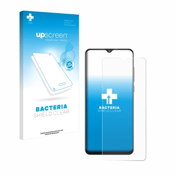 Face avant d’un emballage produit avec le logo de la marque upscreen. À côté, l’appareil Cubot Note 20 est représenté avec la 