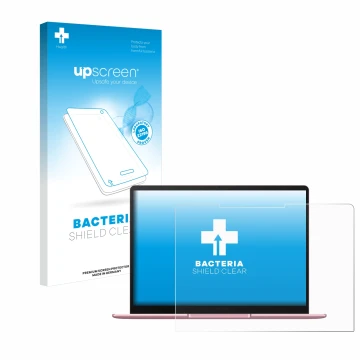 Face avant d’un emballage produit avec le logo de la marque upscreen. À côté, l’appareil Huawei MateBook 13 2020 est représent