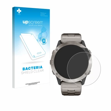 Face avant d’un emballage produit avec le logo de la marque upscreen. À côté, l’appareil Garmin quatix 6x Solar est représenté