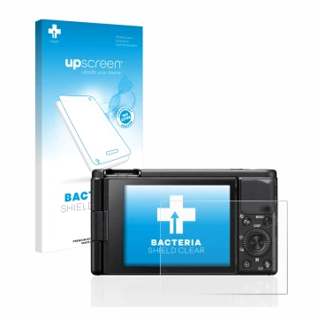 Face avant d’un emballage produit avec le logo de la marque upscreen. À côté, l’appareil Sony ZV-1 est représenté avec la prot