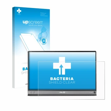 Face avant d’un emballage produit avec le logo de la marque upscreen. À côté, l’appareil ASUS ZenScreen MB16AC est représenté 