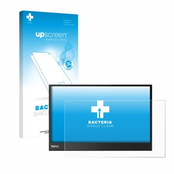 Face avant d’un emballage produit avec le logo de la marque upscreen. À côté, l’appareil Lenovo ThinkVision M14 16:9 est repré