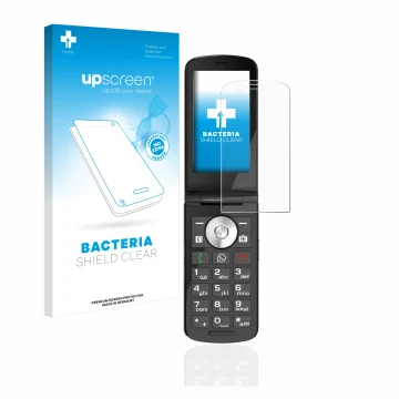 Face avant d’un emballage produit avec le logo de la marque upscreen. À côté, l’appareil Emporia TOUCHsmart est représenté ave