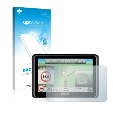 Face avant d’un emballage produit avec le logo de la marque upscreen. À côté, l’appareil Snooper Truckmate S6900 est représent