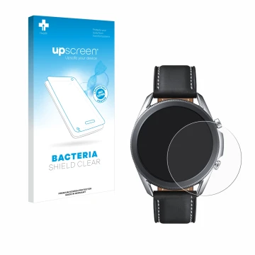 Face avant d’un emballage produit avec le logo de la marque upscreen. À côté, l’appareil Samsung Galaxy Watch 3 (45mm) est rep