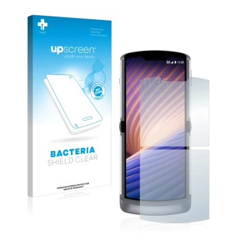 Face avant d’un emballage produit avec le logo de la marque upscreen. À côté, l’appareil Motorola Razr 5G 2020 est représenté 