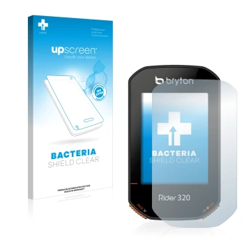 Face avant d’un emballage produit avec le logo de la marque upscreen. À côté, l’appareil Bryton Rider 320 est représenté avec 