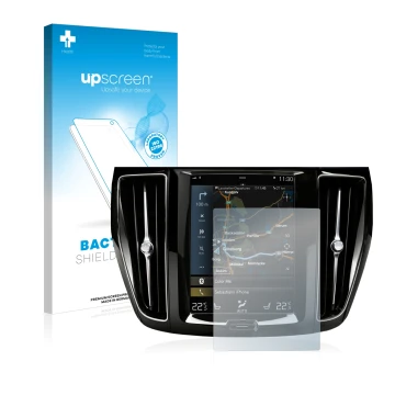 Face avant d’un emballage produit avec le logo de la marque upscreen. À côté, l’appareil Volvo S60 Sensus Connect 2020 est rep