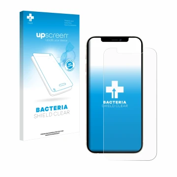 Face avant d’un emballage produit avec le logo de la marque upscreen. À côté, l’appareil Apple iPhone 12 Pro est représenté av
