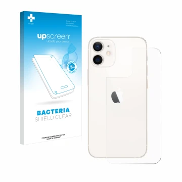 Face avant d’un emballage produit avec le logo de la marque upscreen. À côté, l’appareil Apple iPhone 12 mini (Arrière) est re