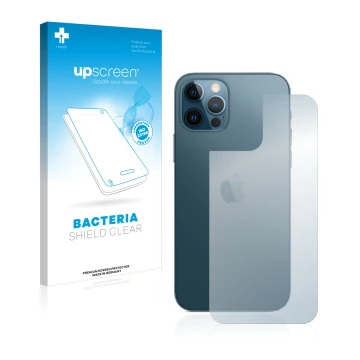 Face avant d’un emballage produit avec le logo de la marque upscreen. À côté, l’appareil Apple iPhone 12 Pro (Arrière) est rep