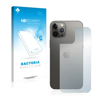 Face avant d’un emballage produit avec le logo de la marque upscreen. À côté, l’appareil Apple iPhone 12 Pro Max (Arrière) est