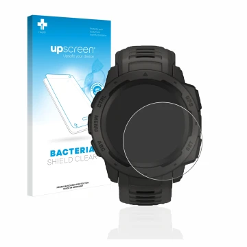 Face avant d’un emballage produit avec le logo de la marque upscreen. À côté, l’appareil Garmin Instinct Solar est représenté 