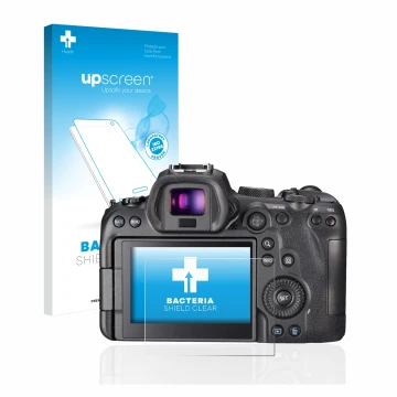 Face avant d’un emballage produit avec le logo de la marque upscreen. À côté, l’appareil Canon EOS R6 est représenté avec la p