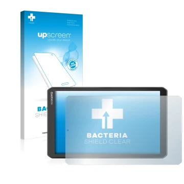 Face avant d’un emballage produit avec le logo de la marque upscreen. À côté, l’appareil Garmin Camper 890 est représenté avec