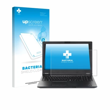 Face avant d’un emballage produit avec le logo de la marque upscreen. À côté, l’appareil Fujitsu Lifebook E5510 est représenté