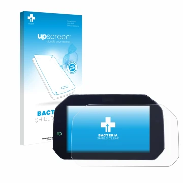 Face avant d’un emballage produit avec le logo de la marque upscreen. À côté, l’appareil BMW S 1000 RR 2019 Connectivity TFT 6