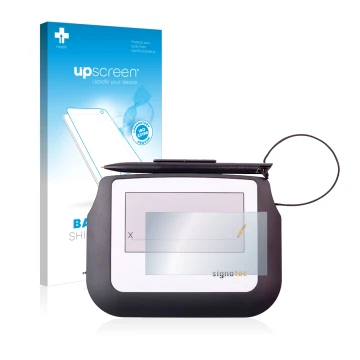 Face avant d’un emballage produit avec le logo de la marque upscreen. À côté, l’appareil Signotec Signature Sigma Lite est rep