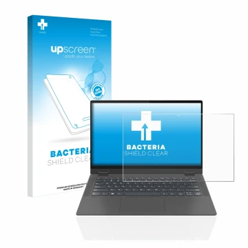 Face avant d’un emballage produit avec le logo de la marque upscreen. À côté, l’appareil Lenovo IdeaPad Flex 5 14