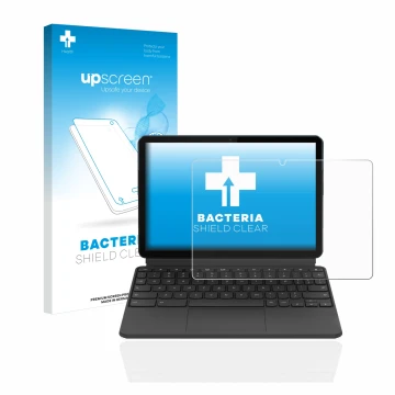 Face avant d’un emballage produit avec le logo de la marque upscreen. À côté, l’appareil Lenovo IdeaPad Duet Chromebook 10.1