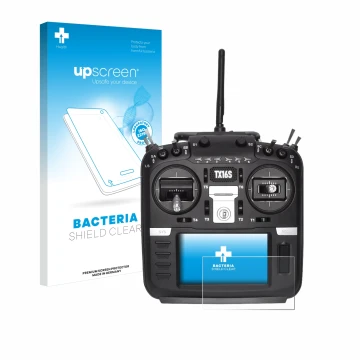 Face avant d’un emballage produit avec le logo de la marque upscreen. À côté, l’appareil Radiomaster TX16S est représenté avec