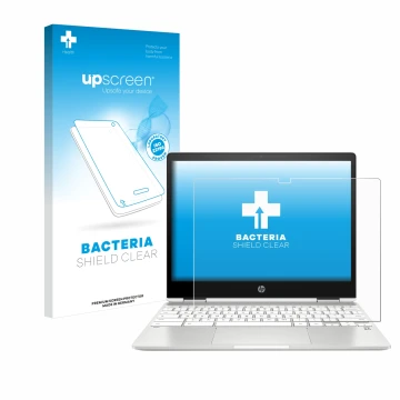 Face avant d’un emballage produit avec le logo de la marque upscreen. À côté, l’appareil HP Chromebook x360 12b-ca0005nf est r