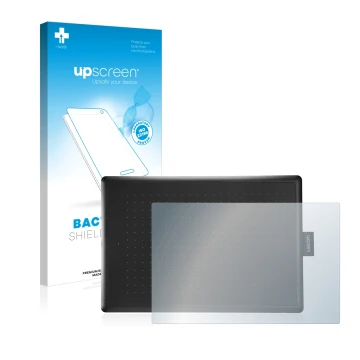 Face avant d’un emballage produit avec le logo de la marque upscreen. À côté, l’appareil Wacom One Medium est représenté avec 