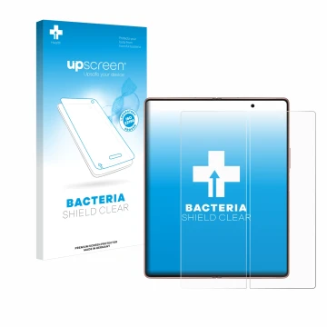 Face avant d’un emballage produit avec le logo de la marque upscreen. À côté, l’appareil Samsung Galaxy Z Fold 2 5G (Affichage