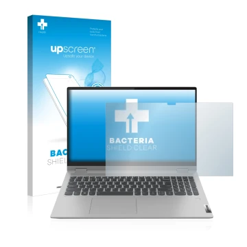 Face avant d’un emballage produit avec le logo de la marque upscreen. À côté, l’appareil Lenovo IdeaPad Flex 5 15