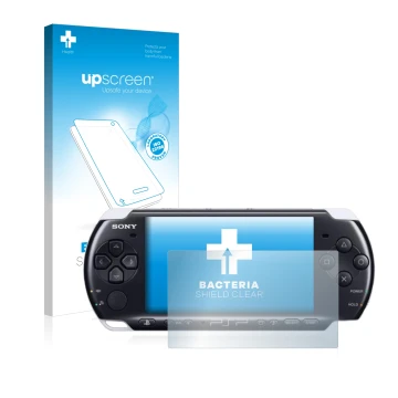 Face avant d’un emballage produit avec le logo de la marque upscreen. À côté, l’appareil Sony PSP 3003 est représenté avec la 