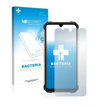 Face avant d’un emballage produit avec le logo de la marque upscreen. À côté, l’appareil Ulefone Armor 8 est représenté avec l