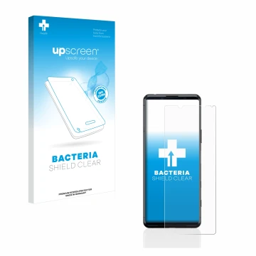 Face avant d’un emballage produit avec le logo de la marque upscreen. À côté, l’appareil Sony Xperia 5 II est représenté avec 