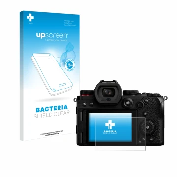 Face avant d’un emballage produit avec le logo de la marque upscreen. À côté, l’appareil Panasonic Lumix DC-S5 est représenté 