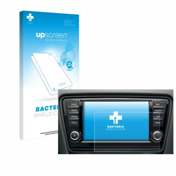 Face avant d’un emballage produit avec le logo de la marque upscreen. À côté, l’appareil Skoda Octavia 8004-ANL 2016 Infotainm