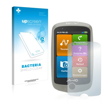 Face avant d’un emballage produit avec le logo de la marque upscreen. À côté, l’appareil Mitac Mio Cyclo Discover est représen