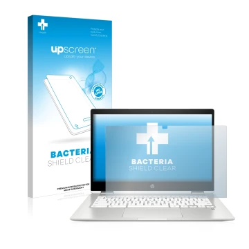 Face avant d’un emballage produit avec le logo de la marque upscreen. À côté, l’appareil HP Chromebook x360 (14b-caX) est repr