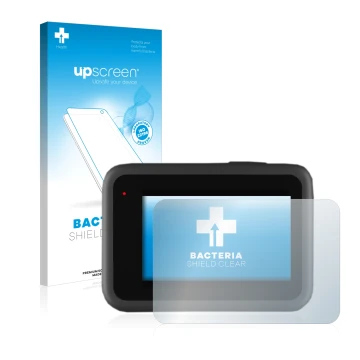 Face avant d’un emballage produit avec le logo de la marque upscreen. À côté, l’appareil GoPro Hero 9 Black est représenté ave