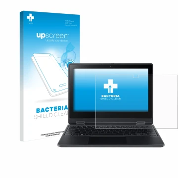 Face avant d’un emballage produit avec le logo de la marque upscreen. À côté, l’appareil Acer TravelMate Spin B3 est représent