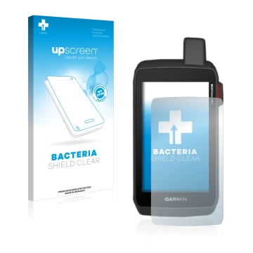 Face avant d’un emballage produit avec le logo de la marque upscreen. À côté, l’appareil Garmin Montana 700i est représenté av