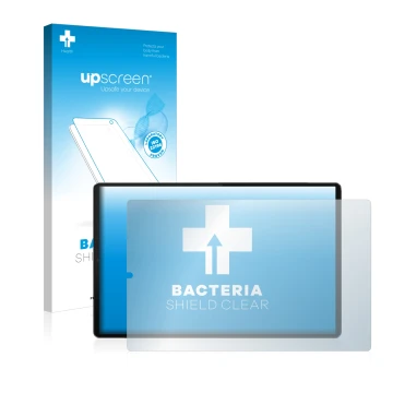 Face avant d’un emballage produit avec le logo de la marque upscreen. À côté, l’appareil Lenovo Tab M10 FHD Plus (en paysage) 