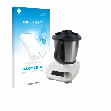 Face avant d’un emballage produit avec le logo de la marque upscreen. À côté, l’appareil Vorwerk Thermomix Friend est représen