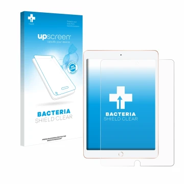 Face avant d’un emballage produit avec le logo de la marque upscreen. À côté, l’appareil Apple iPad 10.2
