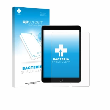 Face avant d’un emballage produit avec le logo de la marque upscreen. À côté, l’appareil Apple iPad 10.2