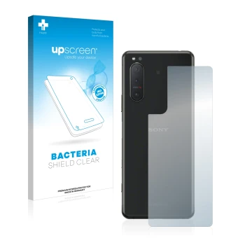 Face avant d’un emballage produit avec le logo de la marque upscreen. À côté, l’appareil Sony Xperia 5 II (Arrière) est représ