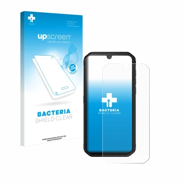 Face avant d’un emballage produit avec le logo de la marque upscreen. À côté, l’appareil Blackview BV9900E est représenté avec