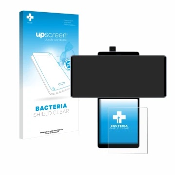 Face avant d’un emballage produit avec le logo de la marque upscreen. À côté, l’appareil LG Wing (Affichage arrière) est repré