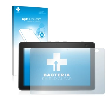 Face avant d’un emballage produit avec le logo de la marque upscreen. À côté, l’appareil Amazon Echo Show 10 (3ème Gen.) est r